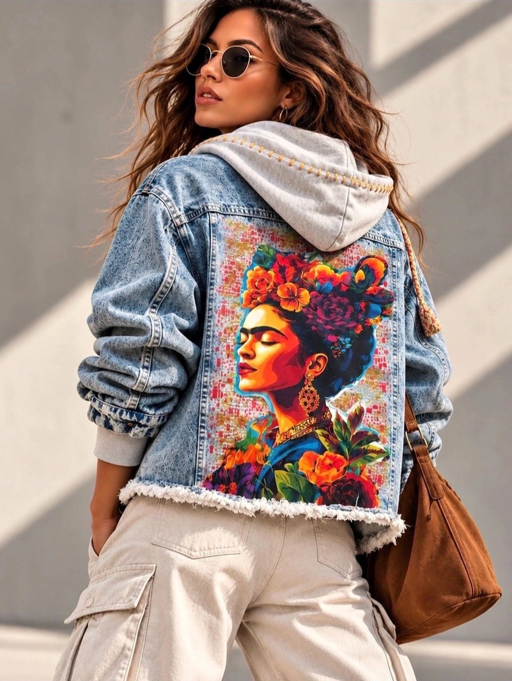 Frida Kahlo Reworked Denim Jacket M/L OOAK Hand Painted Hooded Wearable Art Coat